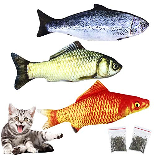 NATUCE 3 st 30 cm kattmynt fiskleksaker för katt och 2-pack kattleksaker, kattfiskkudde, interaktiva plyschleksaker