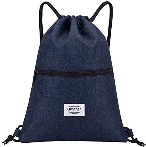 LIVACASA Turnbeutel Mit Reißverschluß Innentasche Sportbeutel Wasserdicht Hipster Beutel Seitentasche Gym Bag Gefüttert Rucksack Mit Verstellbar Tunnelzug Gymsack für Damen und Herren Blau A