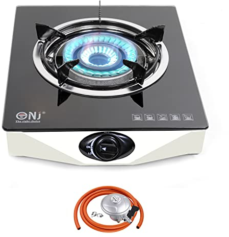 NJ NGB-S1 Gas Stove 1 Burner Cooker Tempered Glass with Safety Device LPG + Gas Regulator Set (Butane 21mm Clip-on)