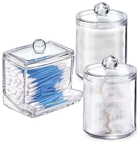 WISIEW Swab Holder Canisters with Lid, Bathroom Qtip Dispenser Apothecary Jars, Clear Plastic Cotton Ball Pad Container for Cotton Swabs, Q-Tips, Make Up Pads, Cosmetics