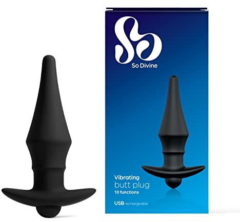 So Divine Men Rechargeable Vibrating 10 Function Butt Plug, Black, 1 Count
