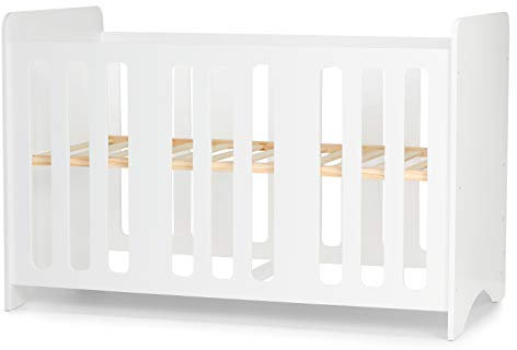 Kinderkraft Babysäng STELLO, barnsäng i trä, spjälsäng, spjälskydd, höjdjustering i 3 steg, från födseln till en längd på 120 cm, vit