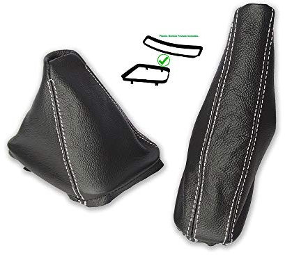 The Tuning-Shop Ltd Schaltsack Handbremsmanschette + Rahmen kompatibel mit BMW 3er E36 1991-1999 Leder weiße Naht