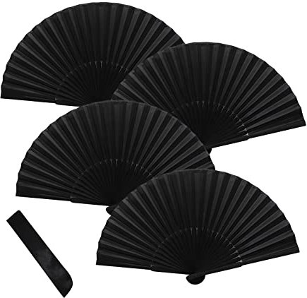 Jc.upin Hand Fan Folding,Fabric Hand Fan,4 Pcs Black Folding Fan,Chines/Spanish Handheld Fans for Dancing Cosplay Props Wedding Party Home Decorations Birthday Gifts (Black-4pcs)