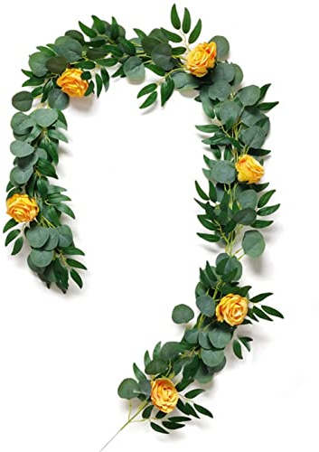 Weihnachtskranz, 1,8 m, künstliche grüne Eukalyptus-Girlande, Blätter, Rebe mit Rosenblüten, Wandbehang, Pflanzen, Efeu-Kranz, Dekoration für den Hochzeitskranz zu Hause