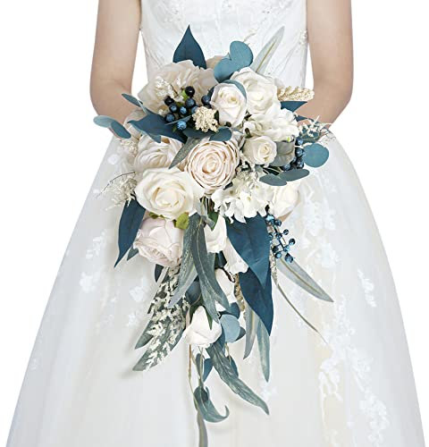 ISAKEN Wasserfall Blumensträuße für Braut, Handgemachte Brautstrauß Wasserfall künstliche Rosen mit Strauß für Romantische Hochzeit, Party Dekoration, Geständigung Kirche Feiern Dekor