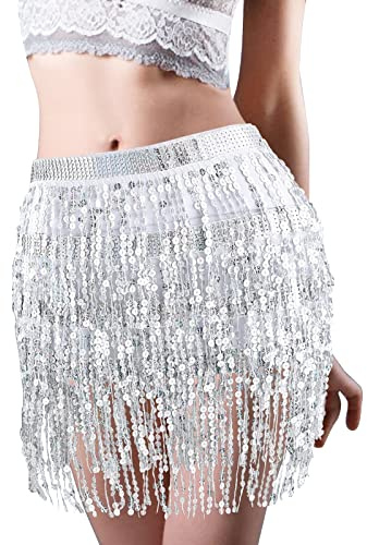 Rock mit Pailletten,Glitzer Rock,Rave-Kostüm,Fransenrock,Pailletten, Quasten,Hüfttuch,Bauchtanz Mini Rock für Damen und Mädchen,Silbrig