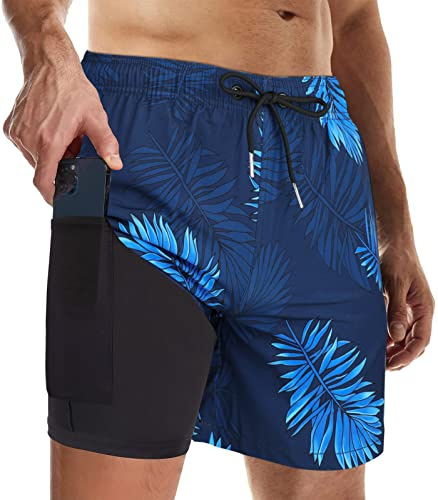 Wantonfy Badbyxor för män med kompression 2 i 1 strandshorts dubbla lager snabbtorkande badshorts surfande strandshorts, Marinblå löv, L