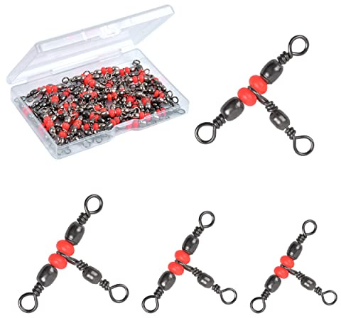 JSHANMEI 3 Way Swivels Fishing Tackle, 40pcs Brass Barrel Triple Swivel Crossline T-Turn Fishing Swivels Lure Line Connectors Tangle Free Fishing Gear Equipment, Test 29-62LB (Size 10 * 12)