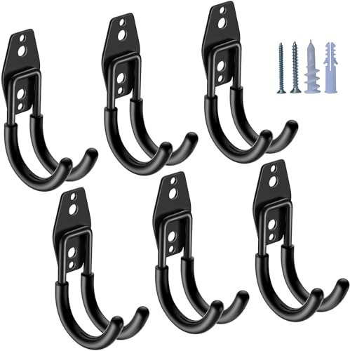HUPBIPY Heavy Duty Garage Hooks 6 Pack, J Shaped Hanger, Wall Mounted Storage System, Power and Garden Tool Organizer, for Hanging Ladders, Bikes Tires, Hose, Bulk Items