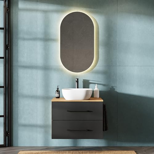 Planetmöbel LUX Set di mobili da bagno, composto da lavabo con mobiletto da 70 cm, lavabo soprapiano da 42 cm bianco, specchio da 50 cm (senza LED), mobiletto sottolavabo Oro Rovere/Antracite