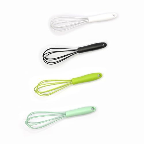 Mini batidores de 6 pulgadas, 4 batidores de gel de sílice, batidora de huevo de mano para harina, pastel de huevo, cocina y horneado (negro, blanco, cian, verde)