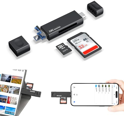 JJC Metal USB 3.0 Lector de Tarjetas SD para iPhone 15 Pro Max Plus, 3-en-1 USB 3.0 Micro USB 2.0 USB-C 3.0 Lector de Tarjetas Externo para SD SDHC SDXC Micro SD TF Micro SDHC Micro SDXC UHS-I (Negro)