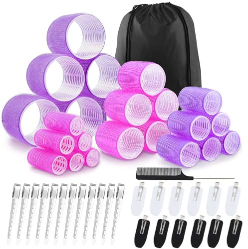 JOLCEEY 50pcs Hair Rollers with Clips, Jumbo Large Medium Small Rollers for Hair Volume Big Hair Curlers Rollers for Long Medium Short Hair DIY Hairdressing (Purple, Rose red)