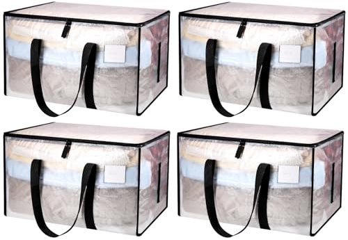 Dntorx 4 Pack 90L Clothes Storage Bags with Lids Transparent Moving Bags Heavy Duty Moving Totes