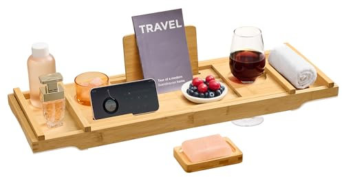 SONGMICS Badewannenablage ausziehbar, Badewannenbrett aus Bambus, 70-95,6 cm breit, zusammenklappbar, rutschfest, für Buch Tablet Weinglas Handtuch, naturbeige BCB072N01