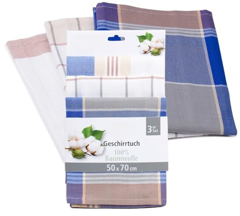liebling 3er Pack Geschirrtücher, 100% Baumwolle, 2X Karo 1x Streifen, saugstark, 50 x 70 cm, Farbe: Aqua
