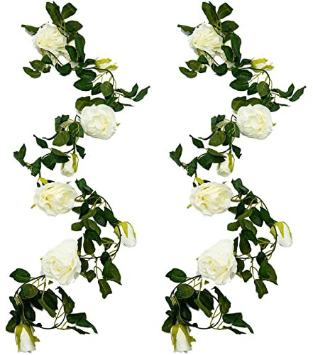 2 Pack Artificial Rose Garland, 6.5ft Fake Silk Rose Flower Hanging Artificial Vine for Wedding, Party, Festival, Room Decor, Office, Garden Decoration (White)