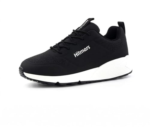Hitmars Chaussures de Running Femme Chaussures de Sport Chaussure de Course Basse Légères Respirant Lacets Antidérapant PU Coussin d'air Noir-Blanc EU41