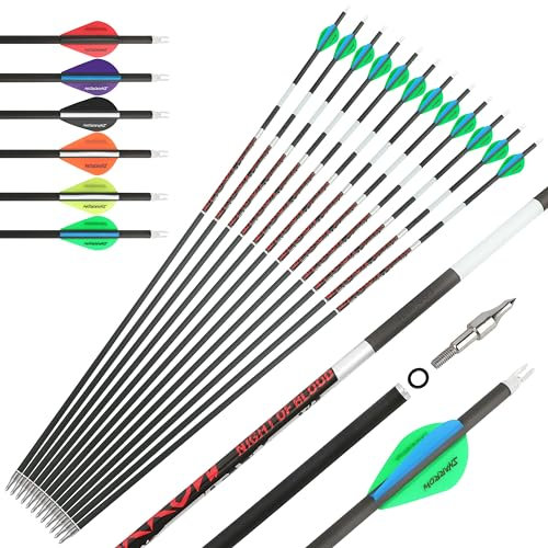 surwolf 31 leuchtende Pfeile aus reinem Kohlenstoff Spine 300 350 400 500 600 Jagdpfeile mit 2 Federn Abnehmbare Spitzen zielpfeile für Compound und Recurvebogen 12 Stück (grün, 300)