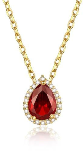 GoldChic Collar Mujer Colgante Gotas Lagrima Granate Rojo Circonita Cúbica Elegante Gargantilla Dorada Choker Oro Cadena Acero Inoxidable Piedra Nacimiento Enero