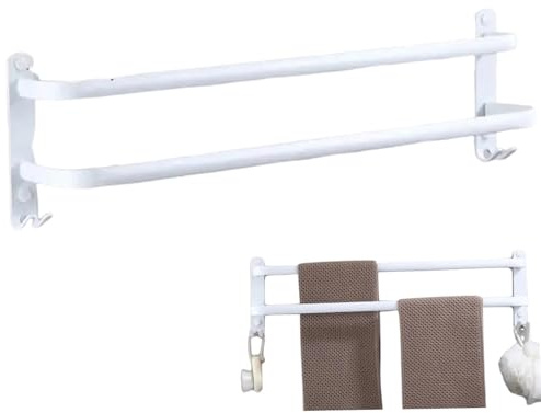 Towel Rail Wall Mounted, Space Aluminum White Towel Rail, 16 Inch 2-Tier Bathroom Towel Holder, Towel Rack with Hooks Towel Rack Wall Mounted for Kitchen Bathroom Hotel Office
