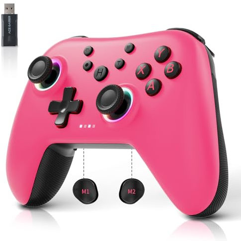 AceGamer Aurora 2.4G Bluetooth Controller Senza Fili per PC Windows/Switch/Stem/Ios/Android,Gamepad PC con a Effetto Hall, Pulsante Posteriore Programmabile, Attuatore Lineare Risonante (Rosa)
