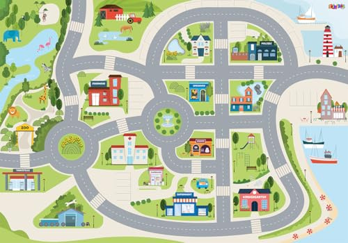 SkippiDoo Straßenteppich Cute City – Kinderteppich mit Antirutsch-Rückseite, Spielteppich in Hellen Farben für Kinderzimmer, Geschenkidee für Jungen & Mädchen (200 x 140 cm)