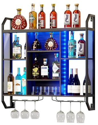 Botellero montado en la Pared con luz LED 90CM Botellero de Metal para la Pared con Portavasos Estante de Vino Montado en la Pared Estante de Almacenamiento Estantes flotantes con balda Regulable