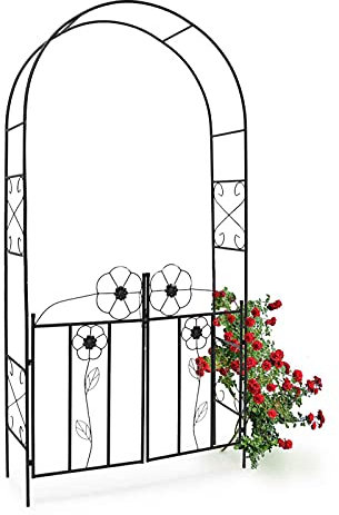 Garden Arch with Gate Metal Pergola Arbor Trellis for Climbing Plants Roses Vines 3.75x7.6x1.2 Ft Black