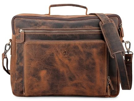 LEARICHI 17 Zoll Echte Jäger Leder Laptop Schulter Aktentaschen für Herren Rustikale Vintage Braun Umhängetasche im Distressed Look, Messenger Arbeitstasche mit Gepolstertem Laptopfach