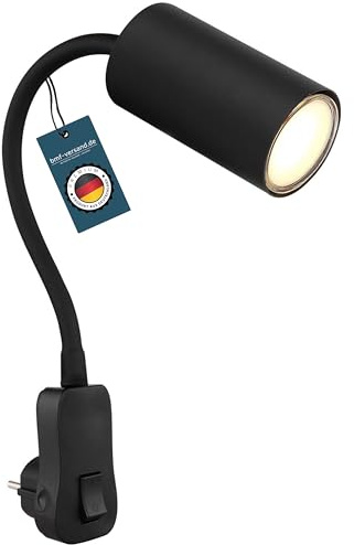 bmf-versand® Steckdosenlampe mit Schalter - Nachtlicht Lampe Schlafzimmer - Nachttischlampe mit Schalter Wandmontage Schwarz - Leselampe Kinder Wandleuchte mit Stecker Schwanenhals GU10