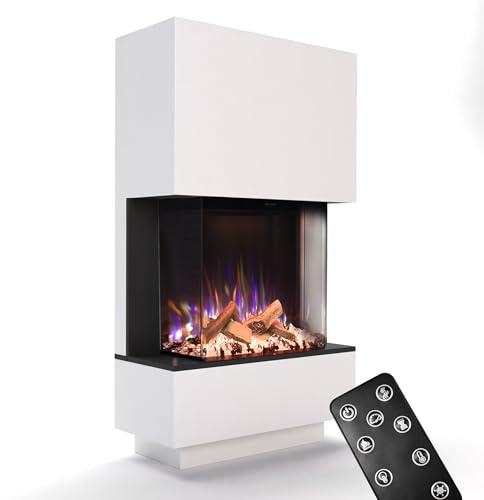 GLOW FIRE Kaminofen PR14 mit realistischem 3D E-Motion LED-Feuer - Stand-Elektrokamin mit Heizung und Kaminfeuer, Knistereffekt & Timer, max. 1500 W, 85x150x39,8cm, Weiß
