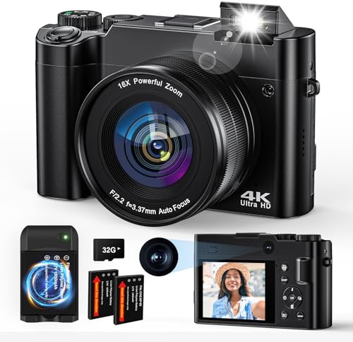Digital Camera, Selfie Cameras for Photography, 4K 64MP Vlogging Cameras for Youtube with Autofocus, Anti-shake Flash Light 16X Digital Zoom 32G Memory Card