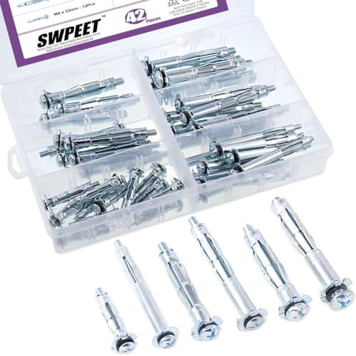 Swpeet 42 st M4 × 32, M4 × 60, M5 × 52, M5 × 65, M6 × 52, M6 × 65 Molly kombinationsbult-kit, ihåliga väggankare, idealiska för att fästa gipsskivor, skiffer och paneler på vägg eller tak