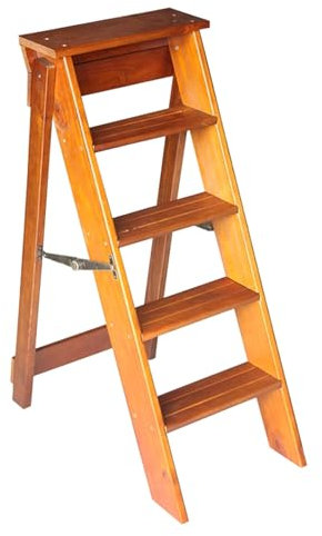Sgabello pieghevole portatile, scaletta da cucina antiscivolo, robusto sgabello in legno a 5 gradini, finitura noce chiaro, ideale per uso domestico e lavorativo