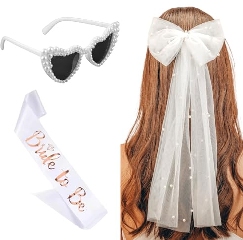 3 Stück JGA Accessoires Frauen Schleier,JGA Weiße Schleier Braut Herz Sonnenbrille Perle,JGA Bride to Schärpe,Schleier Braut Haarschleife,Perlenschleier-Haarschleife,für Junggesellenabschied