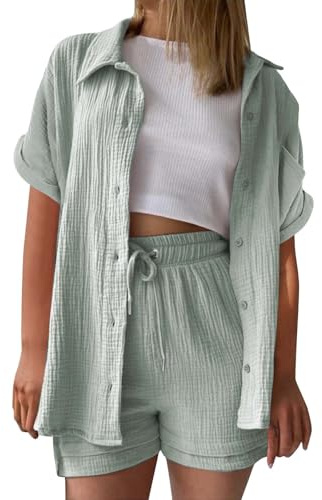 UXSELKCD musselin bluse damen, musselin bluse damen leinen shirt zweiteiler outfits set 2 teiler kleidung oversized loungewear für clothes pyjama elegant summer two piece kleid suits