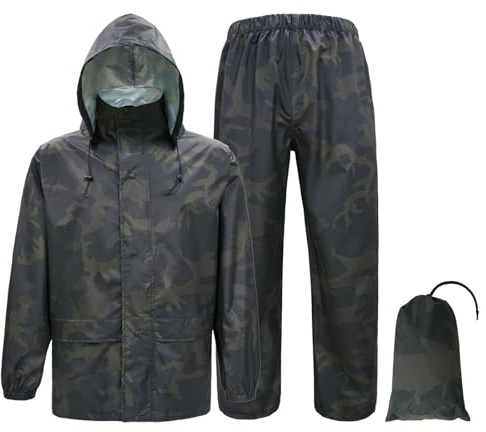 Tongcamo Tute da Pioggia per Uomo Impermeabili - Giacca da Pioggia Pantaloni Adulti Abbigliamento Antipioggia Leggero con Cappuccio Caccia Camo