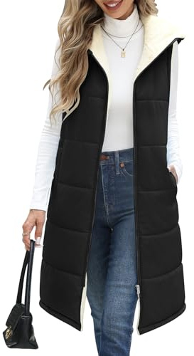 Yuson Girl Gilet da Donna Lungo Giacca Smanicato Invernale Giubbotto Senza Maniche Pile Elegante Leggero Caldo Lunga Piumino con Cappuccio Imbottito Casual Cappotto Invernali(Nero, L)