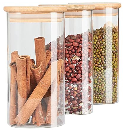 Hylruu Square Glass Storage Jars with Bamboo Lids 700ML Set of 3 - High Borosilicate Glass Airtight Kitchen Food Canisters Cylinder Clear Preserving Seal Containers with Lid