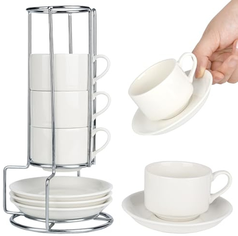 YYTECH 4 x 3OZ Ensemble Tasse à Café Et Soucoupe, Services à Thé Avec Soucoupe, GrèS Tasse Expresso, Tasse A Cafe Avec Support, Lavables au Lave-vaisselle pour latte, café, moka, thé