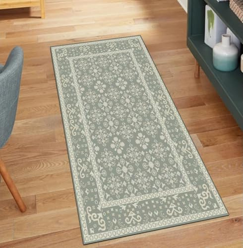 QQrunner Grün Teppich Läufer Flur Waschbar Vintage 100x200CM Kücheteppich rutschfest Meterware Teppichläufer Lang Korridor Polyester Wohnzimmer Schmutzfangmatte