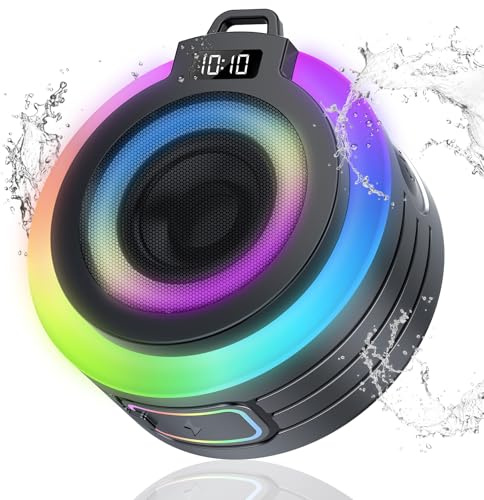 WXQZXO Bluetooth Shower Speaker, Portable Bluetooth Speaker Stereo Sound with Suction Cup/Lanyard, Built-in Mic, IPX7 Waterproof Wireless Speakers Bluetooth 5.4 for Bathroom, Party, Black