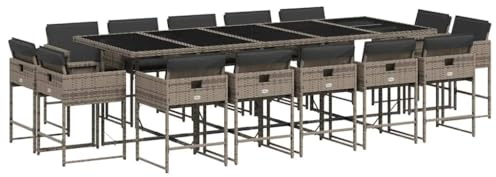 vidaXL Garten Essgruppe 15-TLG., Gartenmöbel Set Tisch mit 14 Stühle, Gartengarnitur mit Kissen, Sitzgruppe Essgarnitur Terrasse, Grau Poly Rattan