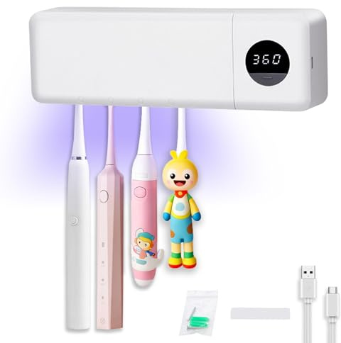 Leaqilo UV Toothbrush Sanitizer,Toothbrush Holder Wall Mounted for Bathroom,Rechargeable Toothbrush Sterilizer with Fan,LED Screen,Timing Function,Cleaning and Air Drying,Ideal Bathroom Accessories