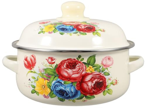 TOYANDONA Enamelware Stockpot with Lid and Double Handles 1.7L Thickened 18Cm Vintage Cooking Pot for Induction Cookers Home Kitchen Noodle Soup Stew Pan