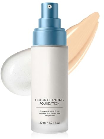 Colour Changing Foundation, Liquid Face Makeup Base with Centella Asiatica, Smart Colour Match Concealer for Fair to Medium Skin, Waterproof Lightweight Matte Finish, 30ml