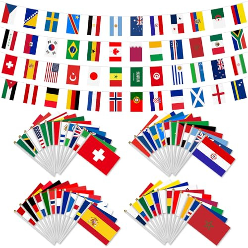 Shinybox Deko WM 2026, 48 Länderflagge Klein und 48 Länder Stoff Handgehaltene Flaggen, Wimpelkette Fußball Girlande, Klein Flaggen der Welt Girlande für Fußball Olympia Haus Bar Party Deko