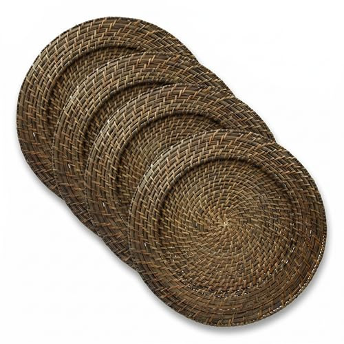 Jay Import Runde Rattan-Ladegeräte, Set mit 4 dekorativen Servicetellern für Zuhause, professionelles feines Essen, perfekt für Veranstaltungen und Dinnerpartys, Ziegelbraun, 33 x 33 x 1,3 cm